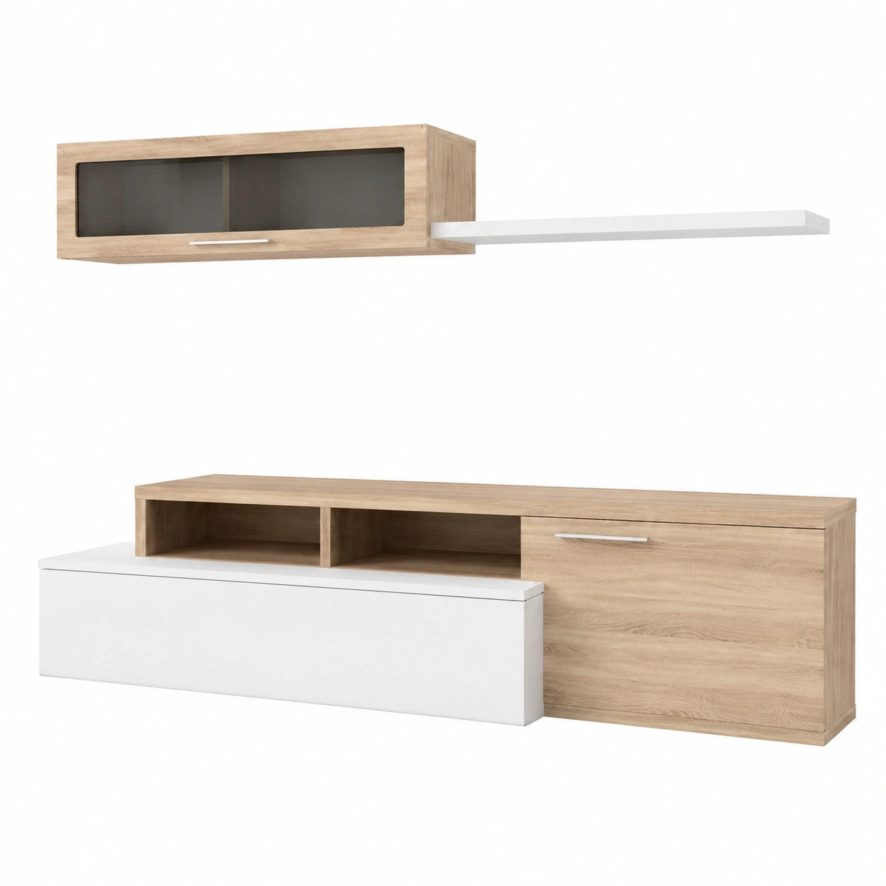 Mobile TV Moderno 200 cm in Bianco Lucido e Rovere Canadese