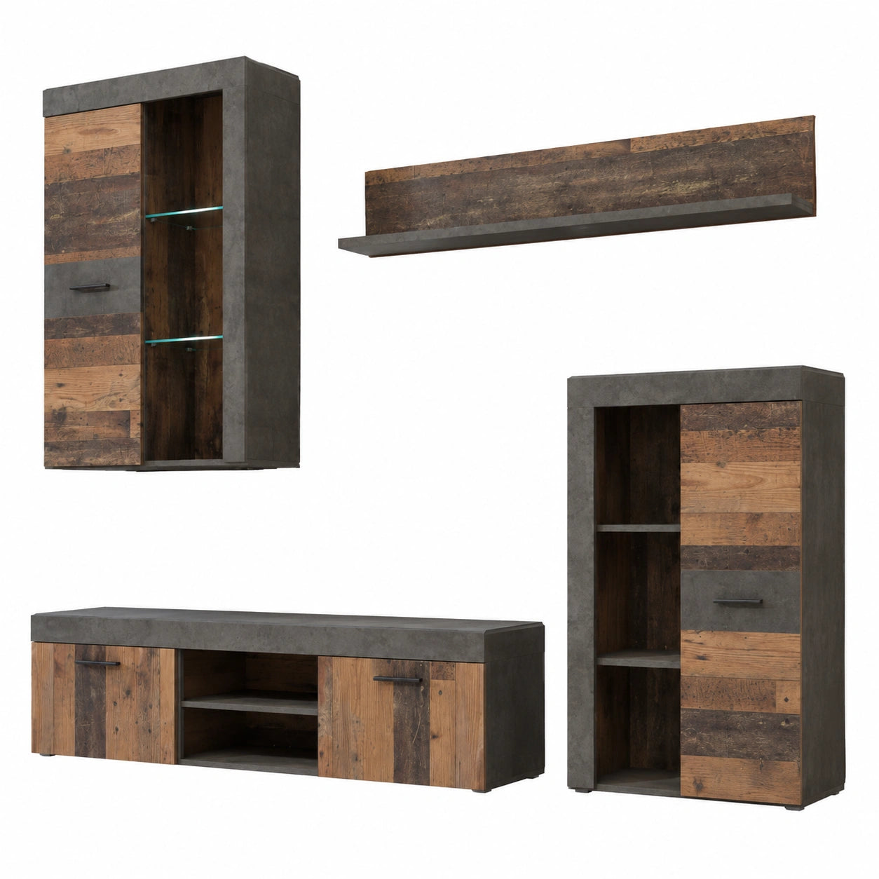 Parete Attrezzata Soggiorno in Legno Laminato Grigio Cemento Scuro e Old-Wood Vintage