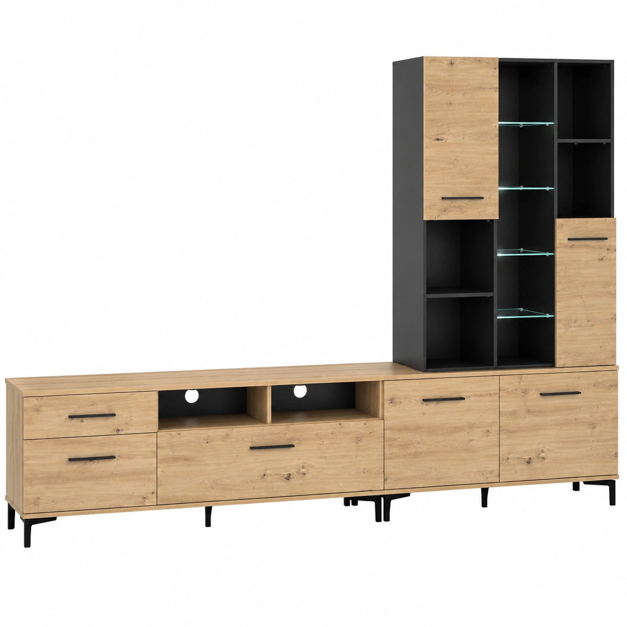 Parete soggiorno moderna in legno quercia e nero - Avanti Trendstore