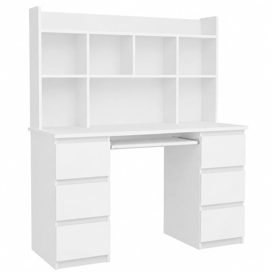 Scrivania Moderna con Libreria e 6 Cassetti per Ufficio e Studio, Bianco 130x51x146 cm