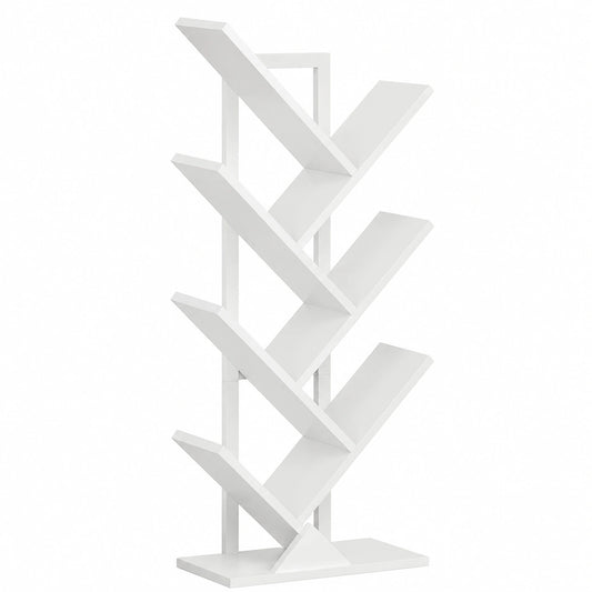 Libreria ad Albero Moderna, Scaffale ad Angolo a 8 Ripiani con Struttura in Metallo per Casa e Ufficio, Bianco