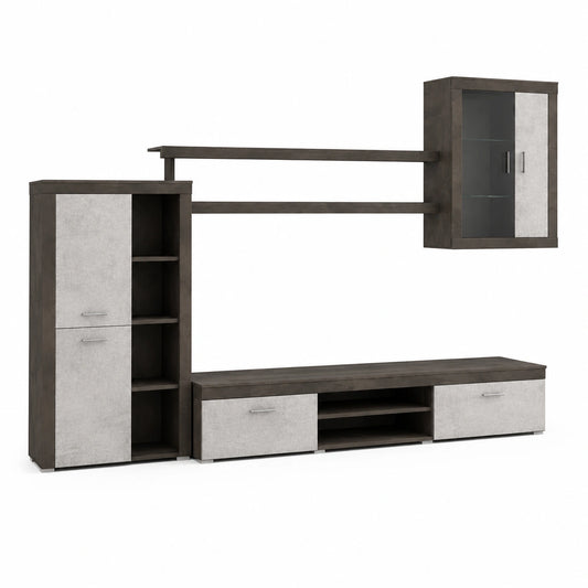 Mobile Soggiorno Moderno con Vetrinetta e Mensole, Design Sospeso, 293x193x50cm, Colore Ossido e Grigio Cemento