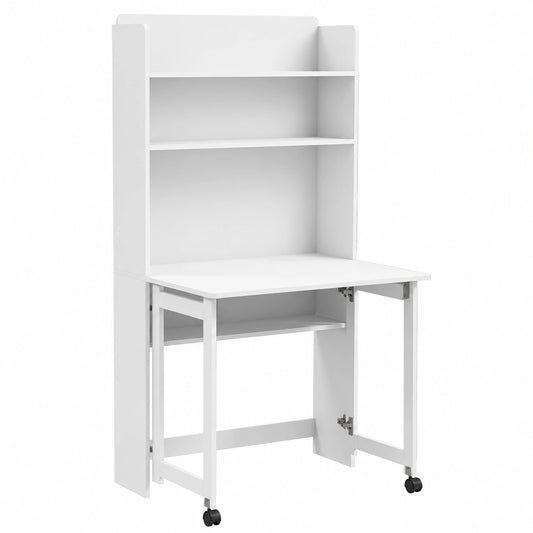 Scrivania Moderna Salvaspazio con Libreria Integrata e Ruote, 80x69x155 cm, Bianco