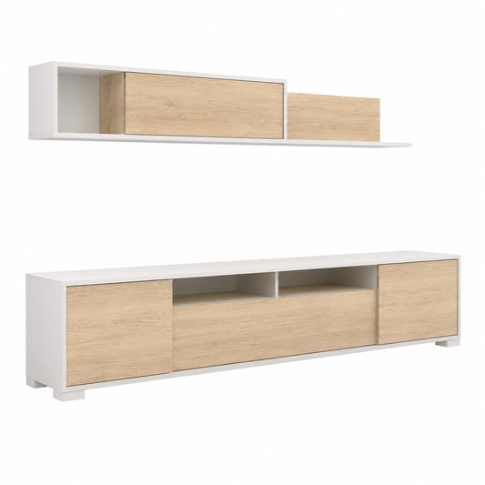 Mobile da Soggiorno con Porta TV 200 cm, Bianco Lucido e Rovere Naturale, Modello Madison