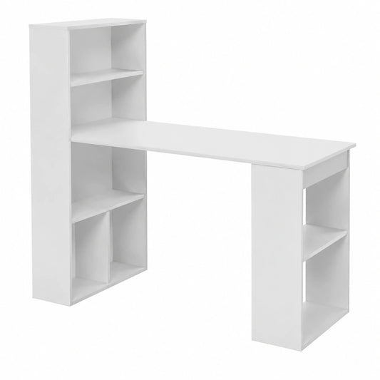 Scrivania da Computer Moderna con Libreria Integrata, 6 Ripiani e Base Ampia, Salvaspazio per Casa e Ufficio, 122x51x122 cm, Bianco