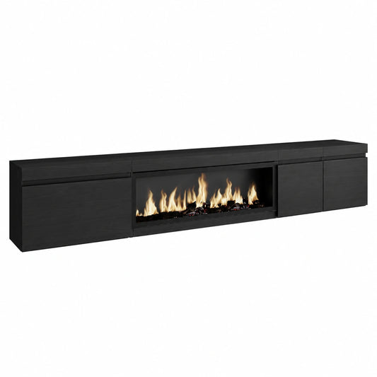 Mobile TV Moderno Sospeso con Camino Elettrico XXL in Nero, 288x45x35 cm