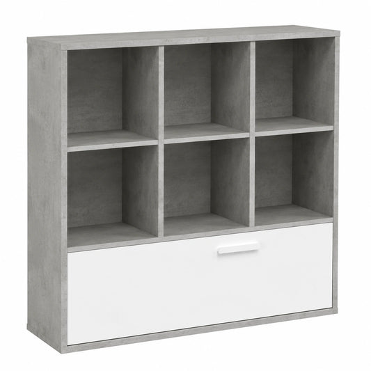 Libreria Moderna MIPIACE con Cassettone e Vani, Design Italiano, Cemento e Bianco Laccato