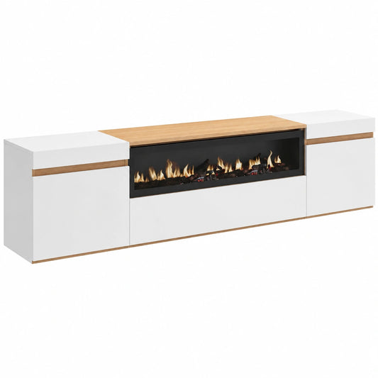 Mobile TV Sospeso Moderno con Camino Elettrico, Bianco e Rovere, 200x45x35cm