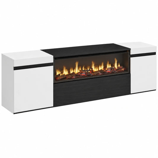 Mobile TV Sospeso con Camino Elettrico, Moderno, 200x45x35cm, Bianco e Nero, per TV Fino a 80 Pollici