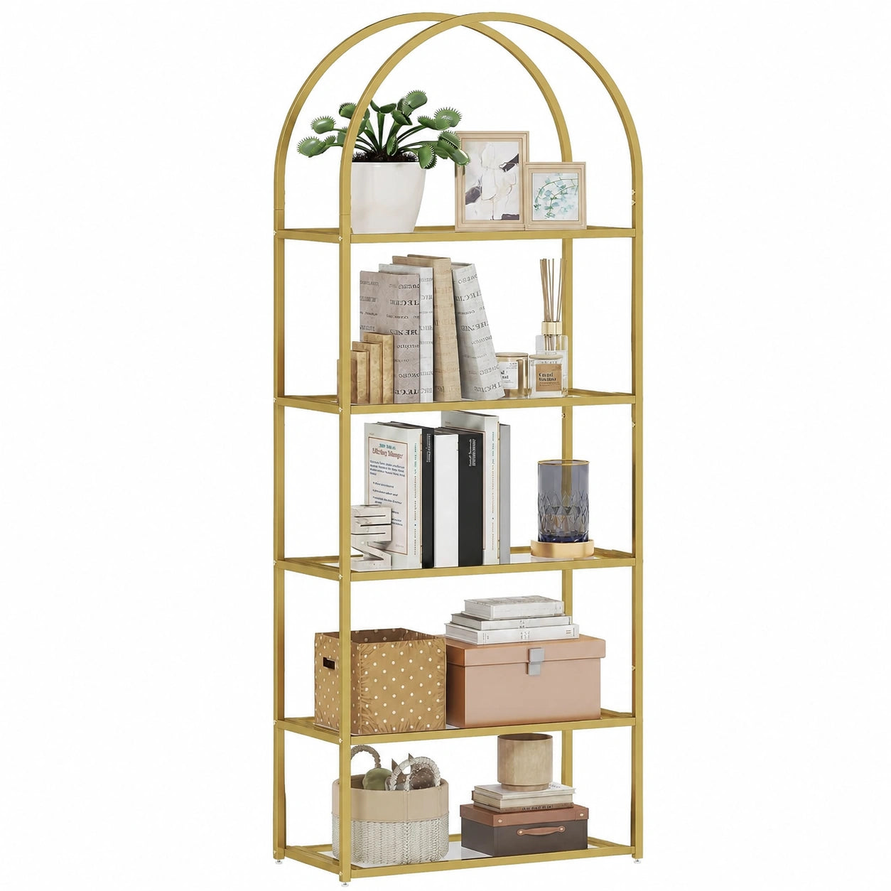 Scaffale ad Arco a 5 Ripiani in Vetro Temperato e Acciaio, Design Moderno, per Casa e Ufficio, 60x30x175 cm, Oro