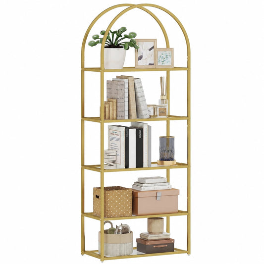 Scaffale ad Arco a 5 Ripiani in Vetro Temperato e Acciaio, Design Moderno, per Casa e Ufficio, 60x30x175 cm, Oro