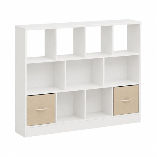 Scaffale Moderno Bianco con LED, Divisorio Elegante per Soggiorno, 11 Scomparti e 2 Cassetti, Dimensioni 126x30x100 cm